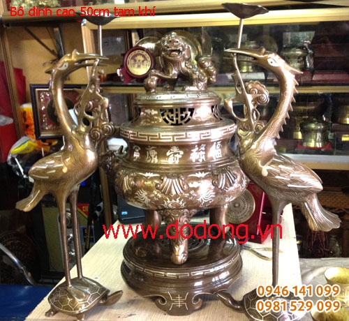 Bộ đỉnh đồng tam khí ngũ sự 5ocm đồ thờ tam khí