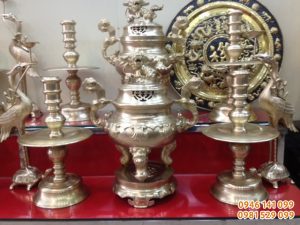 Bộ đỉnh đồng vàng thờ cúng hoa sòi xi màu