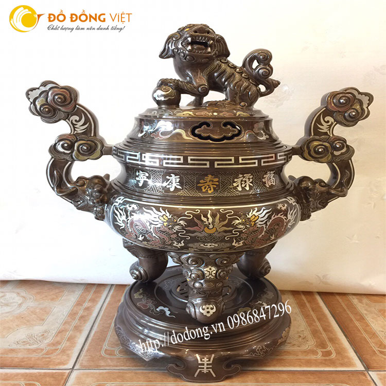 Qủa đỉnh đồng ngũ sắc 50cm khảm 1 chữ vàng 7 chữ bạc đẹp và sang trọng