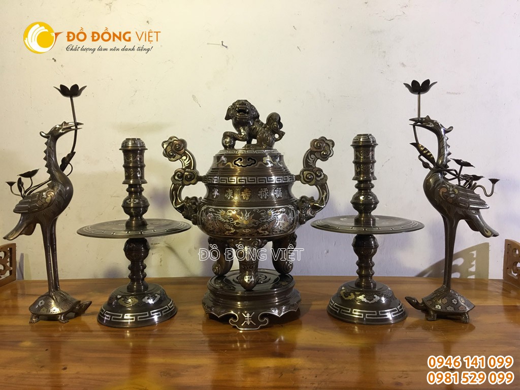 Bộ đỉnh thờ cúng khảm ngũ sắc 1 chữ vàng cao 60 cm