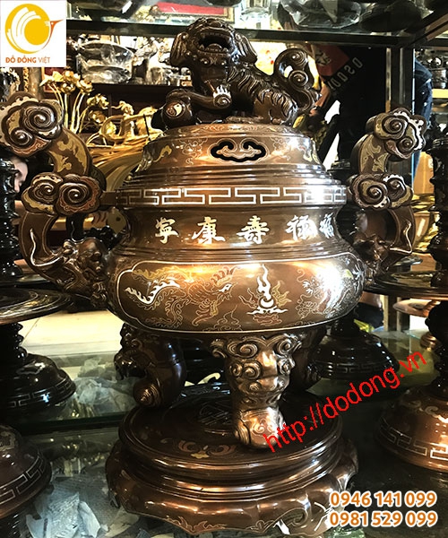 Đỉnh đồng tam khí 60cm chạm khảm rồng phượng, chạm tay tinh xảo