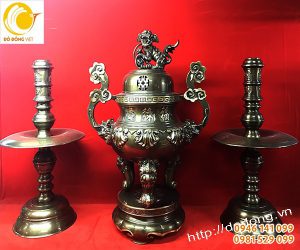 Bộ đỉnh nến tam sự đồng hun gia cổ chữ nổi 55cm