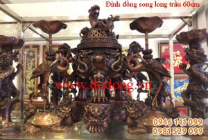 Đỉnh đồng song long trầu đúc nổi 3d 35,45,60cm