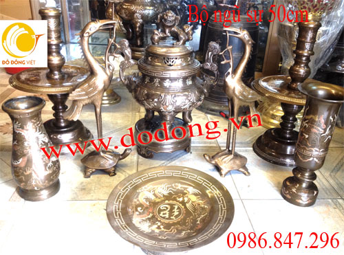 Đỉnh ngũ sự khảm bạc cao 50cm đồ thờ khảm bạc