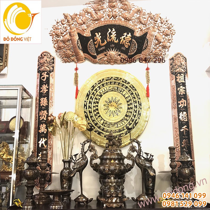 Bộ đỉnh đồng ngũ sắc 60cm dáng hoi sòi cổ, đồng tiền kép trang trí bàn thờ gia đình