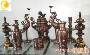 Đỉnh đồng sòi 60cm 5 chữ vàng, bộ đồ thờ cúng lá sòi cao cấp