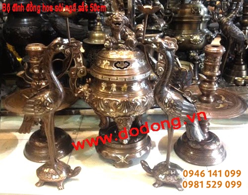 Đỉnh đồng hoa sòi, bộ đồ thờ ngũ sắc 50cm