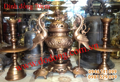 Bộ đồ thờ đồng ngũ sự cao 70cm gồm đỉnh, hạc,nến