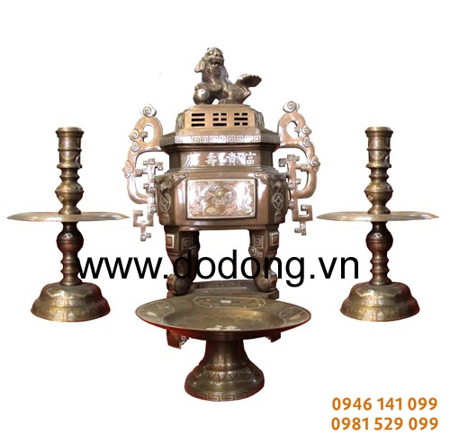 Bộ đỉnh đồng tam sự vuông khảm tam khí, ngũ sắc cao 50cm