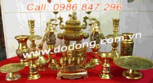 Bộ đỉnh thờ vuông quả đào cao 50cm Đồ đồng vàng