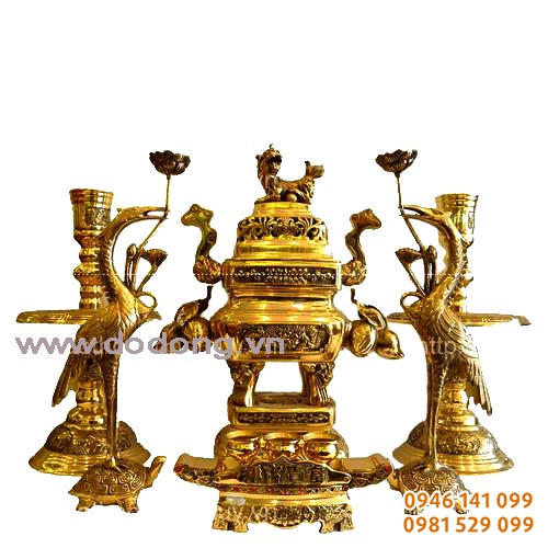 Bộ đỉnh đồng vuông ngũ sự tai mây cao 50cm đồng vàng