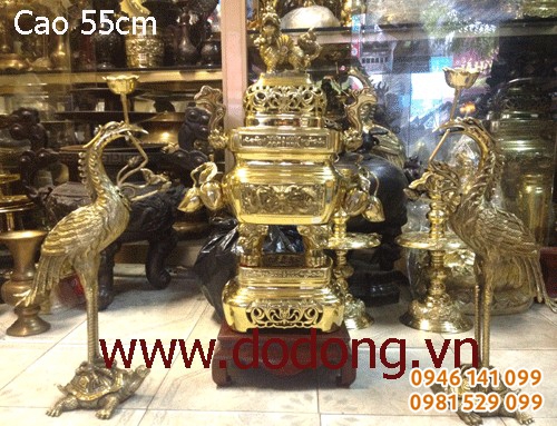 Bộ đỉnh đồng tam sự : đỉnh đồng cao 60cm quả đào, hạc đồng 58cm đúc 3d