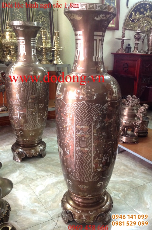 Đôi lộc bình đồng khảm ngũ sắc tinh xảo, dùng trang trí phòng khách, phòng thờ, đồ cúng tiến