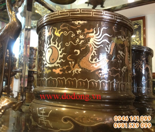 Bát hương đồng khảm tam khí đk 30cm, cao 25cm đồng đỏ, đồng vàng, bạc