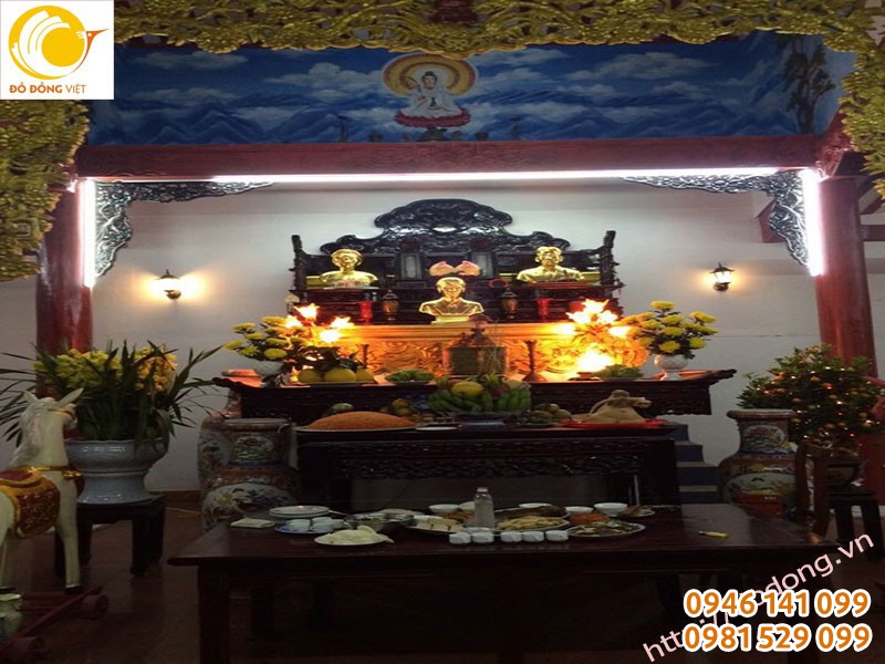 Bức tượng chân dung đồng đỏ dát vàng 9999 cao cấp để thờ cúng trong gia đình, từ đường họ