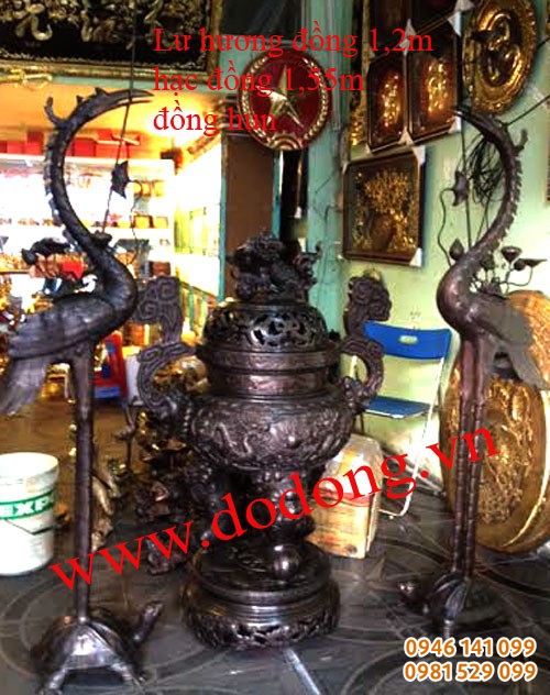Hạc đồng cao 1,55m bày tại đền thờ, miếu,từ đường hạc đồng hun màu giả cổ