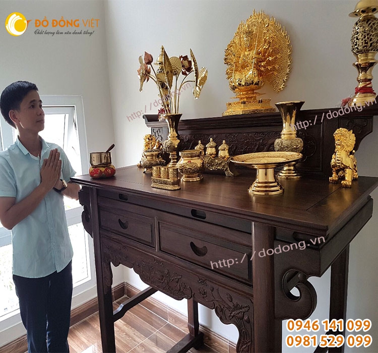hướng dấn bày trí tượng phật bằng đồng mạ vàng 24k, đồ thờ cúng đồng vàng sáng bóng