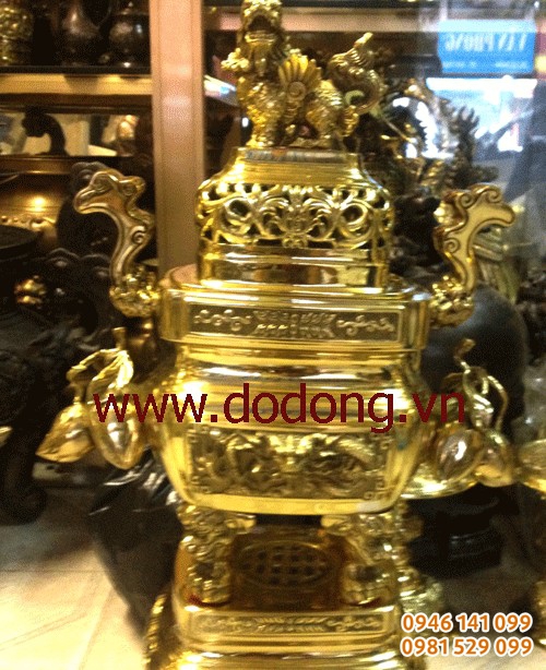 Bộ lư đồng vuông quả đào 60cm đúc nghê, tai mây, quả đào, 4 chân nghê nổi