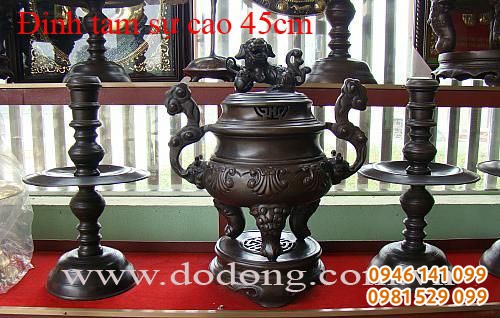 Đỉnh đồng tam sự hoa sòi cổ 45cm Đồ thờ gia tiên