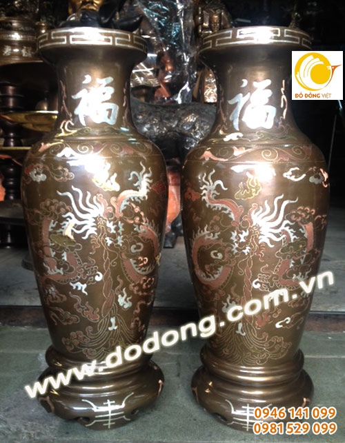 Đôi lọ hoa khảm rồng phượng 40cm, đúc đồng đỏ, khảm bạc tinh xảo 