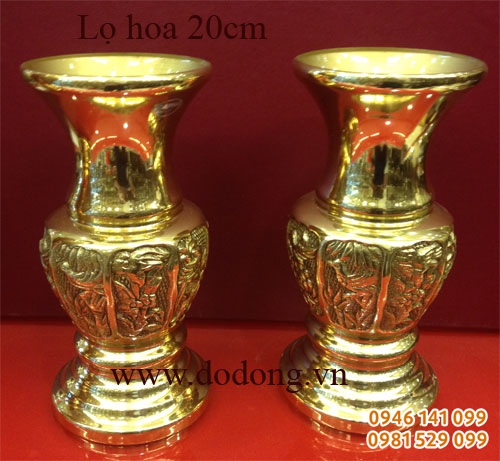 Đôi lọ bát hoa cao 20cm đúc đồng vàng sáng