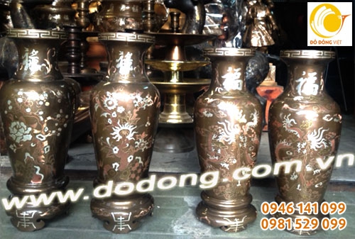 Lọ hoa khảm tam khí rồng phượng trầu - 40cm, khảm đồng đỏ, đồng vàng, bạc