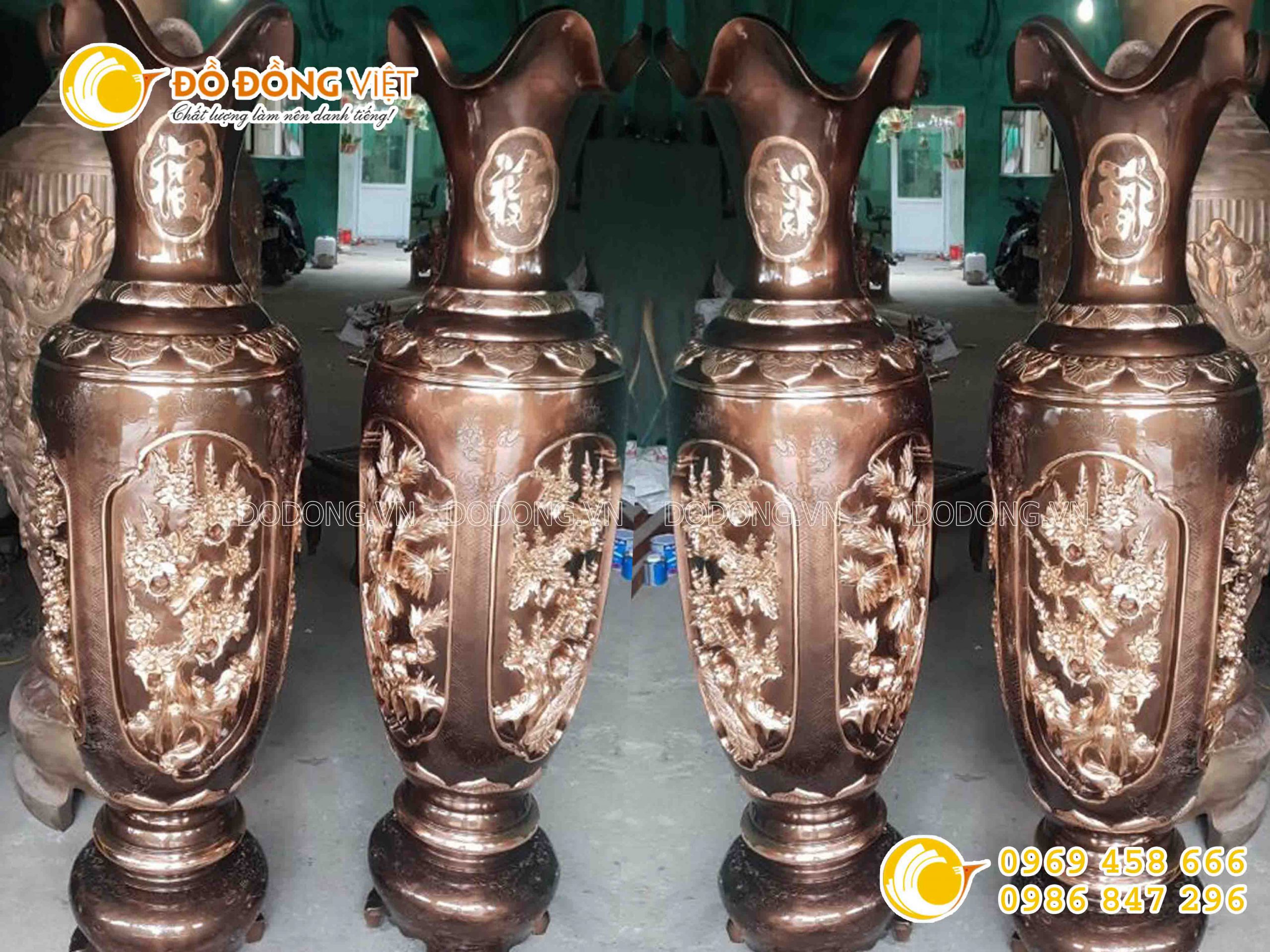 Lộc bình thờ cúng, đôi lộc bình bằng đồng đúc nổi tranh tứ quý