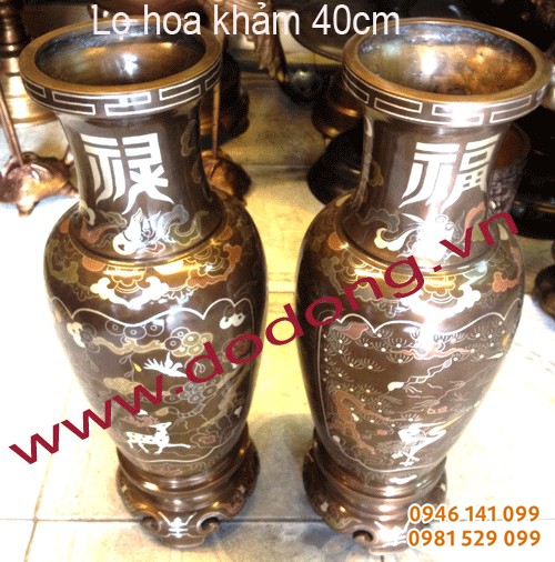 Đôi lọ hoa đồng đỏ khảm ngũ sắc 42cm Đôi lọ khảm ngũ sắc