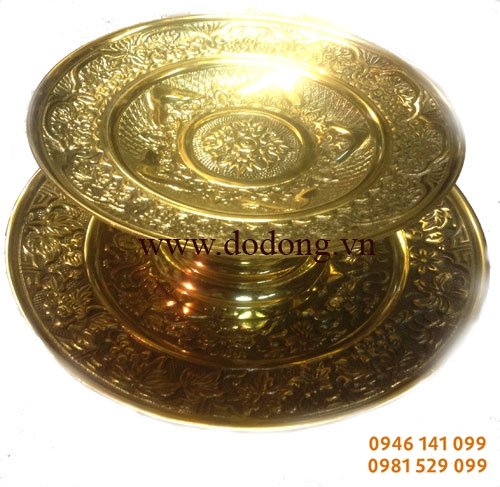 Mâm đồng đài loan vàng sáng đúc hoa văn, mâm trang trí bàn thờ gia tiên