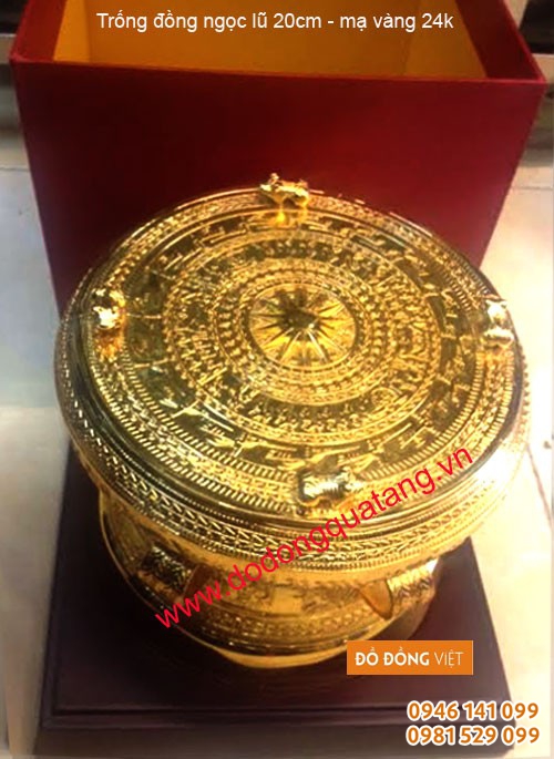 Trống đồng đúc phi 20cm mạ vàng 9999