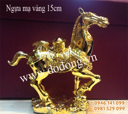 Tượng ngựa phong thủy cõng thỏi vàng, ve sầu mạ vàng 24k - 16cm