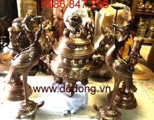 Bộ đồ thờ lư đồng gia tiên, đồng khảm ngũ sắc 60 đồ đồng ngũ sắc