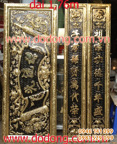 Hoành phi câu đối liền đồng 1,76m đồng vàng, 3 chữ Đức lưu quang