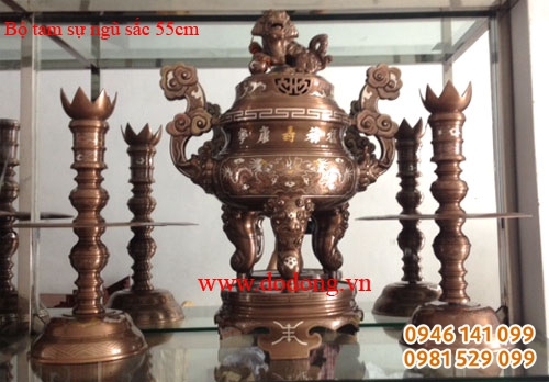 Bộ đỉnh đồng tam sự khảm vàng, bạc đồng cao cấp, chữ thọ VẦNG 24K