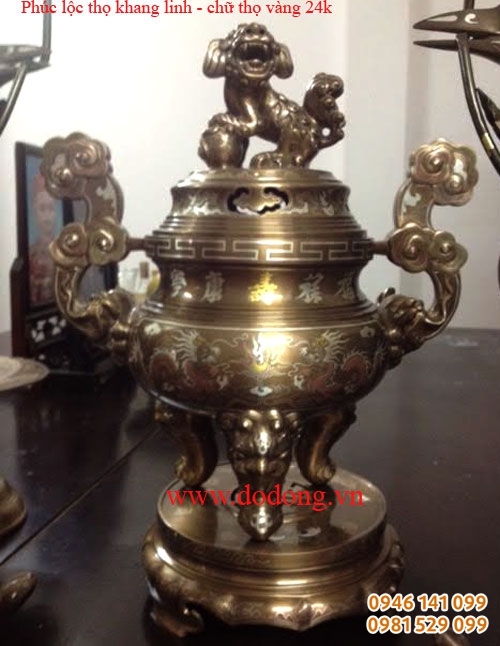 Đỉnh đồng khảm bộ chữ: Phúc lộc thọ khang linh - chữ thọ bằng vàng nguyênh 9999, hoa văn rồng trầu, họa tiết khảm vàng, bạc,đồng tinh tế