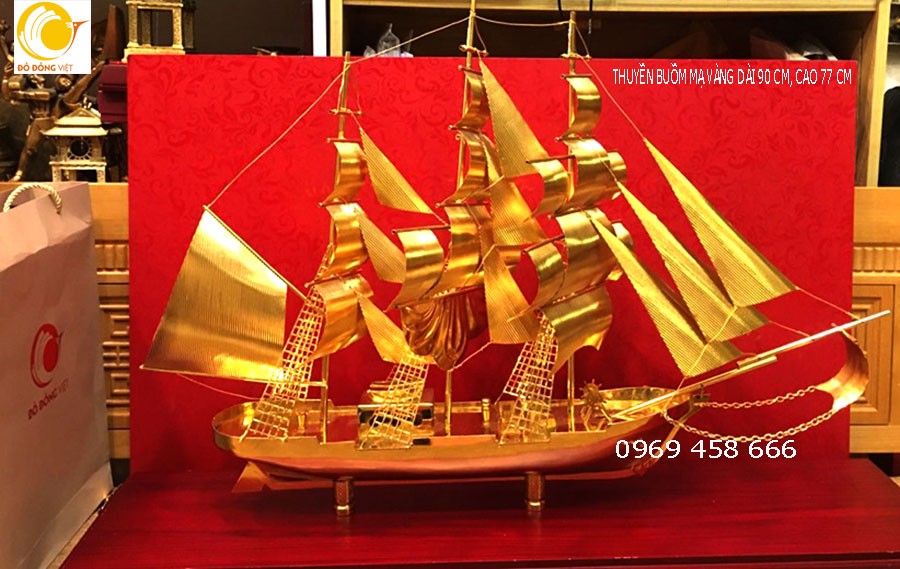 Thuyền buồm mạ vàng dài 97 cao 79 cm trang trí phong thủy