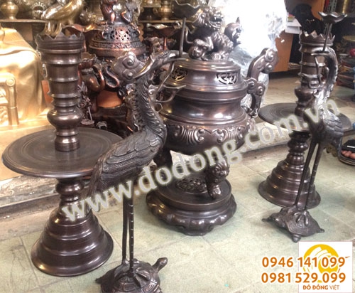 Bộ đồ thờ ngũ sự đồng hun màu đen 40cm đồ đồng hun