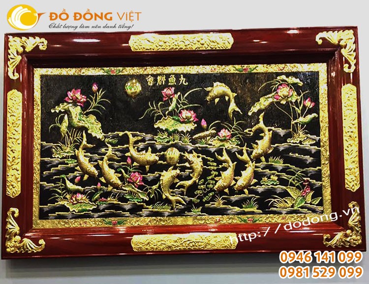 Tranh phong thủy cá chép hoa sen 120x220cm đồng thúc nổi 3d, họa tiết sắc nét, hoa văn tinh tế, khung gỗ bọc đồng đẹp