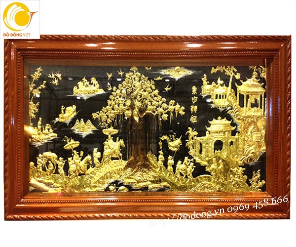 Tranh đồng vàng vinh quy bái tổ khung gỗ nền sơn đen 90x170cm treo phòng khách