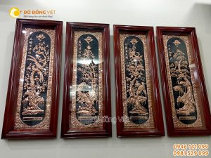 Bộ tranh tứ quý bằng đồng đỏ khung gỗ KT 40×115 cm