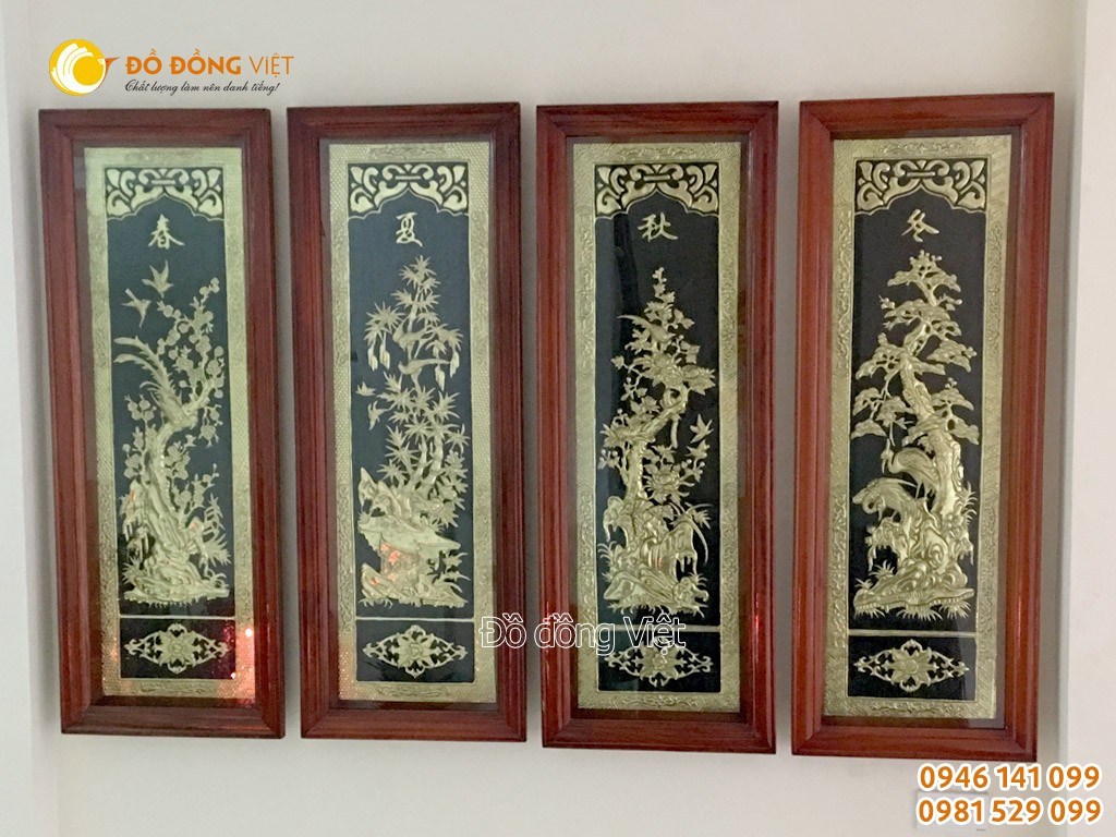 Tranh tứ quý bằng đồng khung gỗ KT 40×115 cm
