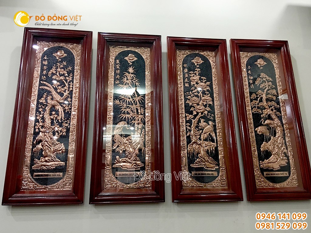 Bộ tranh tứ quý bằng đồng đỏ khung gỗ KT 40×115 cm