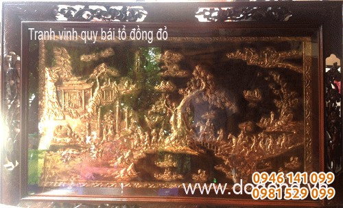Tranh chạm đồng đỏ bức vinh quy bái tổ 89x188cm