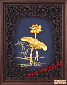 Tranh hoa sen vàng lá 3d 18x26cm cao cấp