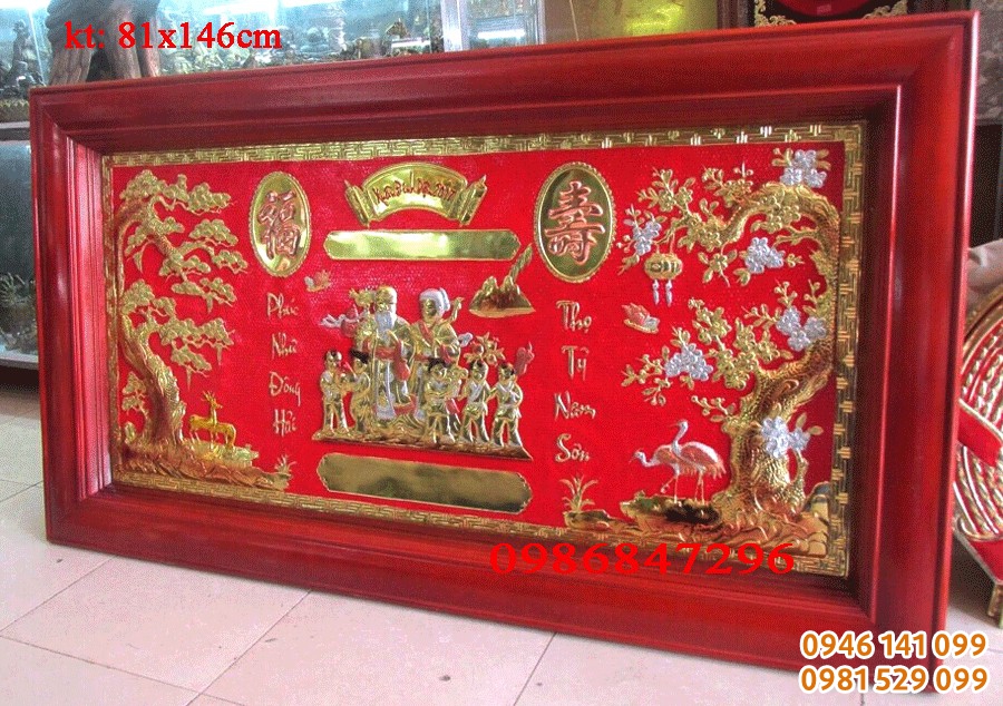 Tranh song thọ 81x146cm dát đồng liền tấm thúc họa tiết nổi tinh xảo, tranh dùng làm mừng thọ ông bà 60,79,80,90,100 tuổi