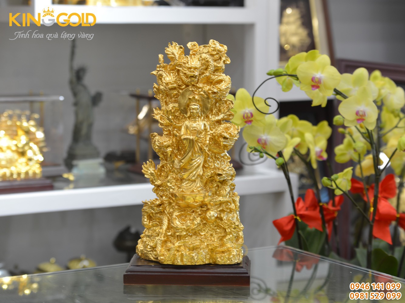 Tượng Quán Thế Âm Bồ Tát tọa Cửu Long dát vàng 24k