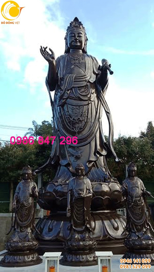 Bộ tượng phật tam thế cao 1,8m đồng đỏ nguyên khối, quân tâm bồ tát 5m tại tu việnquan âm đồng nai