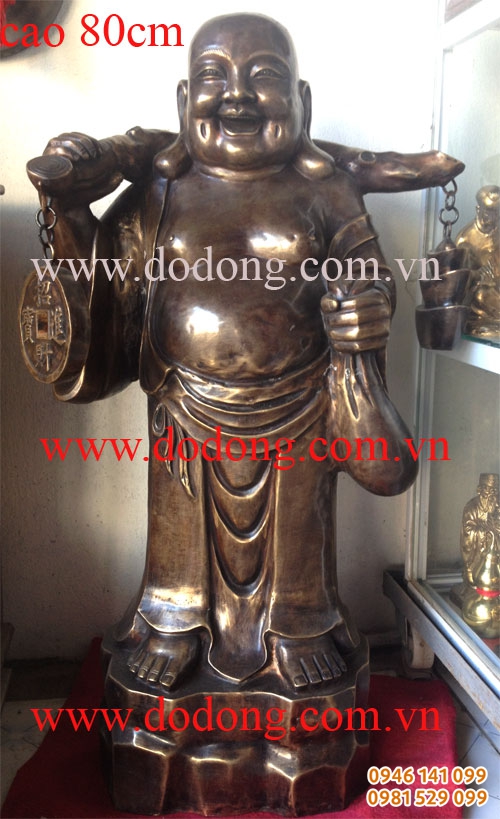Tượng di lạc đứng gánh vàng 80cm đồng giả cổ